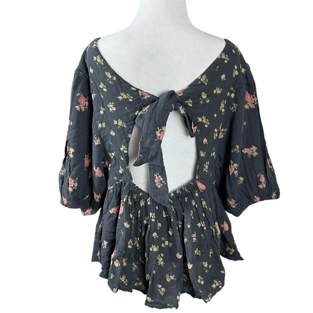 Free People Chloe Printed Top Washed Black Floral Large NWT Cottage Bow Gauze
